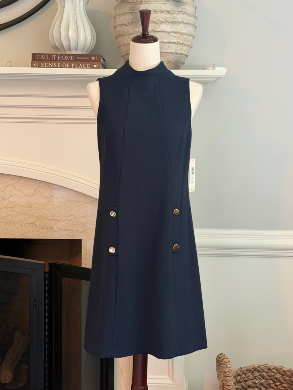 Eliza J Navy Gold Button Sheath Midi Dress NEW NWT
